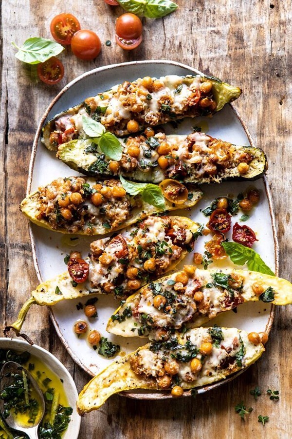 Spicy chickpea and cheese stuffed zucchini