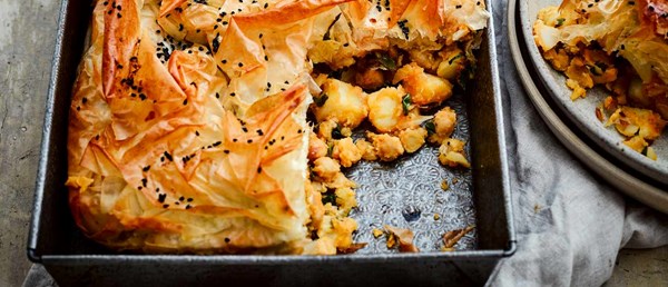 Spicy chickpea, potato and filo slice