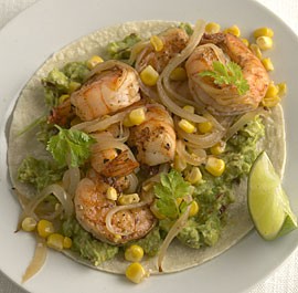 Spicy chipotle shrimp, avocado, and corn fajitas