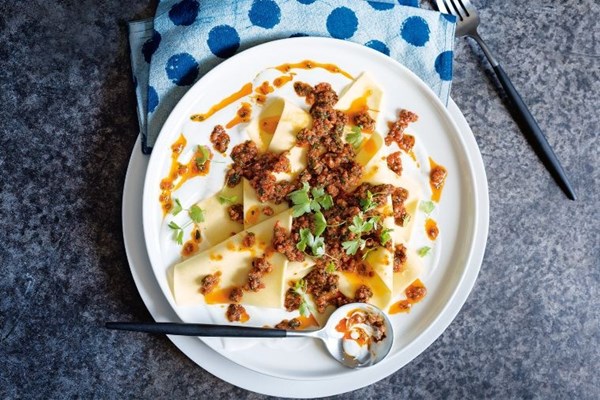Spicy chorizo pasta with harissa and yoghurt