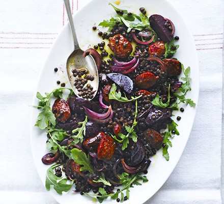 Spicy chorizo with lentils & beetroot 