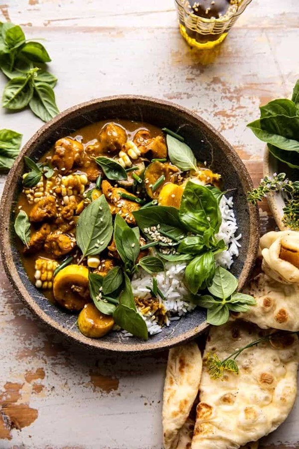 Spicy coconut basil chicken curry with garden vegetables
