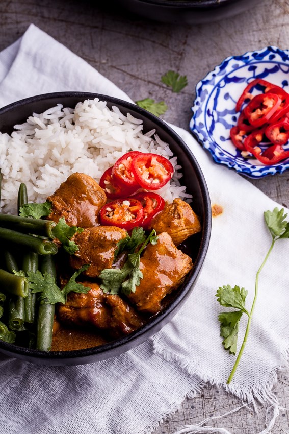Spicy coconut chicken curry bowls with cardamom basmati rice