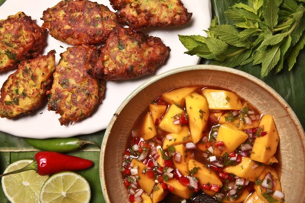 Spicy corn pakoras with mango-tamarind chutney