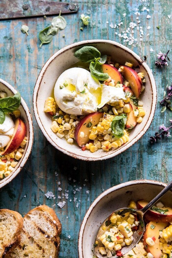 Spicy corn, peach, and burrata salad