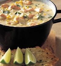 Spicy corn stew with chunks of salmon 