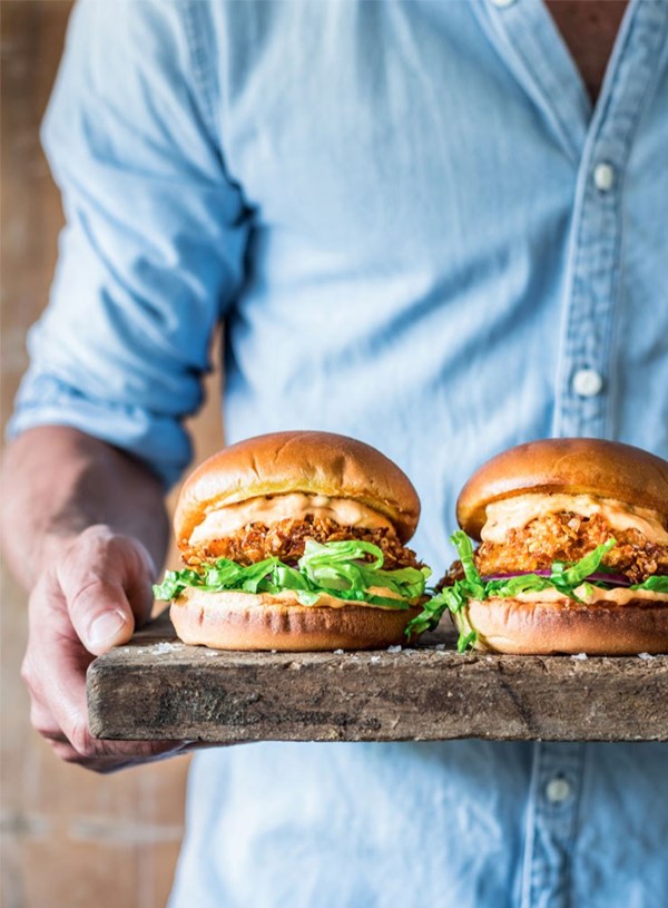 Spicy cornflake crumbed chicken burgers