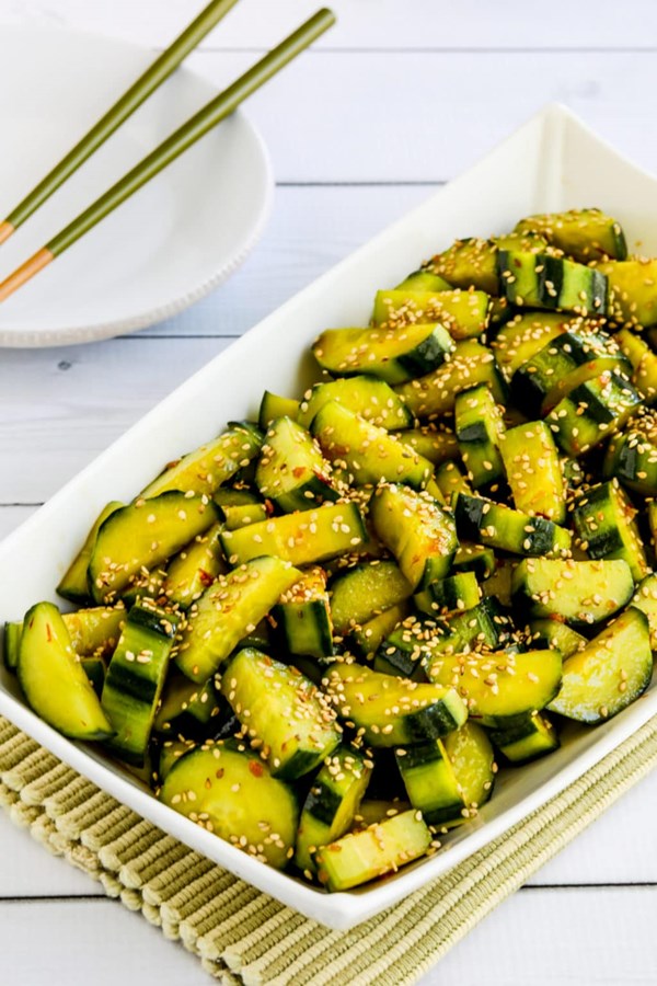 Spicy cucumber salad with Thai basil and sesame seeds