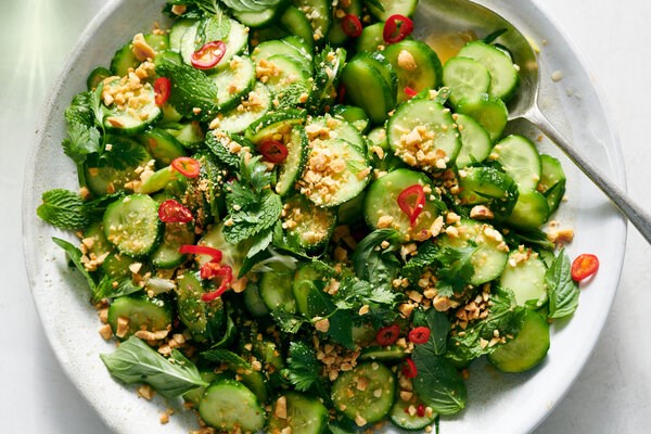Spicy cucumbers with mint, scallions and crushed peanuts