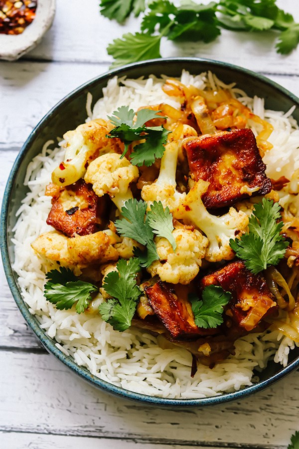Spicy cumin tofu and cauliflower stir fry