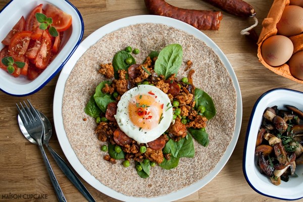 Spicy egg wraps with pork and chorizo