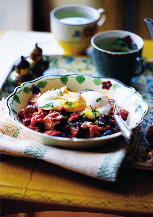 Spicy eggplant and tomato with poached eggs