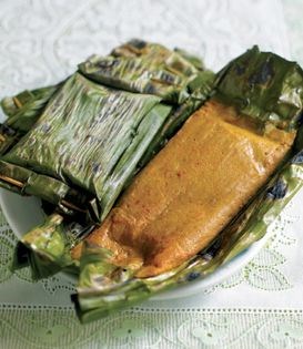 Spicy fish paste grilled in banana leaves (Otak otak)
