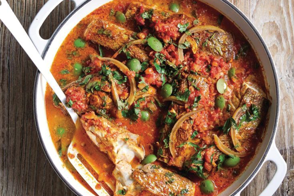 Spicy fish with Moroccan flavours and green olives