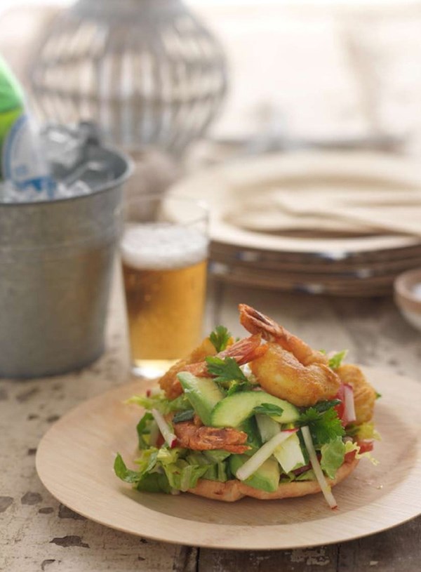 Spicy fried prawns with fattoush salad