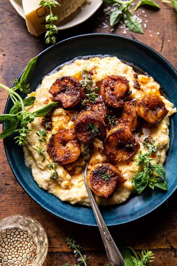 Spicy garlic lemon butter shrimp with Parmesan corn polenta