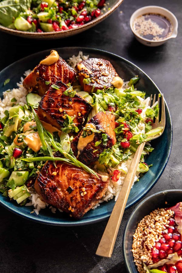 Spicy ginger caramelized salmon bowl
