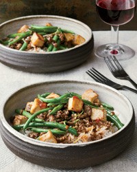 Spicy green bean and tofu stir-fry with ground bison