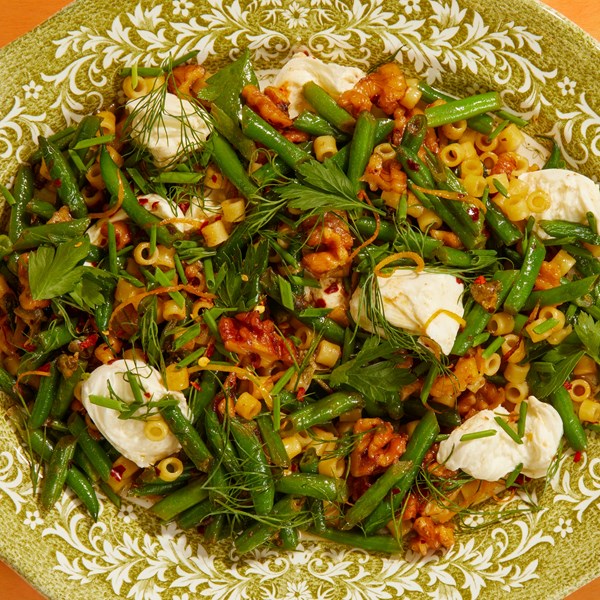 Spicy green bean ditalini with caramelized lemon