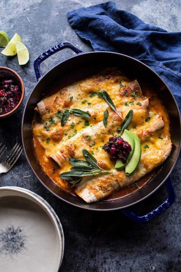 Spicy green chile turkey, butternut squash and crispy sage enchiladas