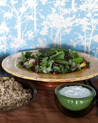 Spicy greens and pear salad with pomegranate gremolata