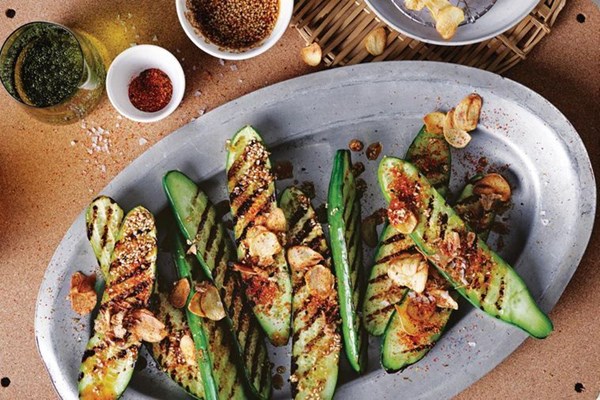 Spicy grilled cucumbers with sesame dressing