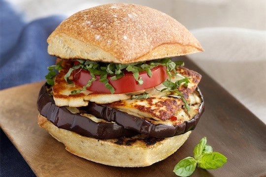 Spicy halloumi, eggplant, and tomato sandwich