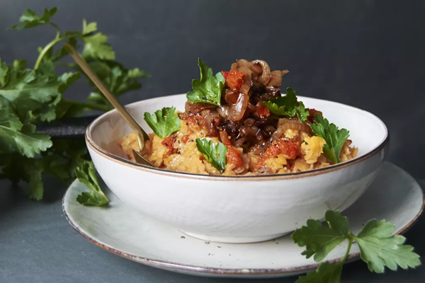 Spicy harissa lentils with lemon tahini and sweet onions