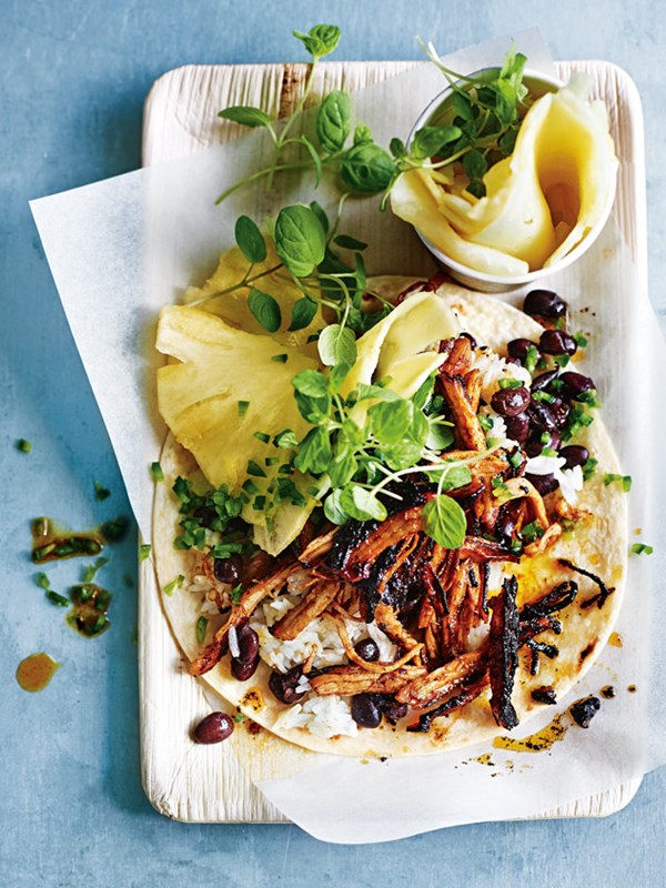 Spicy jerk chicken and pickled pineapple tacos