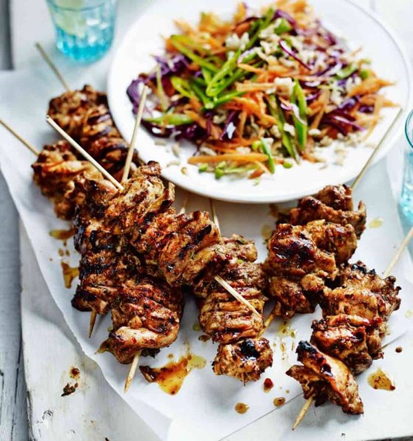 Spicy jerk chicken skewers with brown rice salad