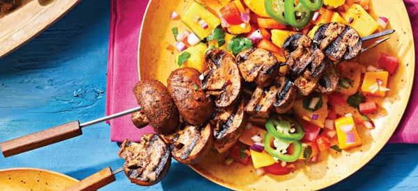 Spicy jerk kebobs with mango salsa