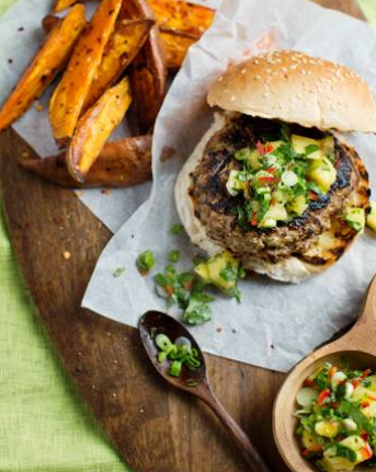 Spicy jerk pork burgers with pineapple salsa