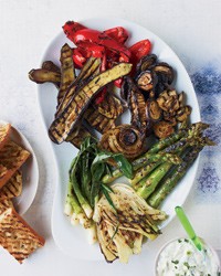Spicy jerk vegetables with yogurt-scallion sauce