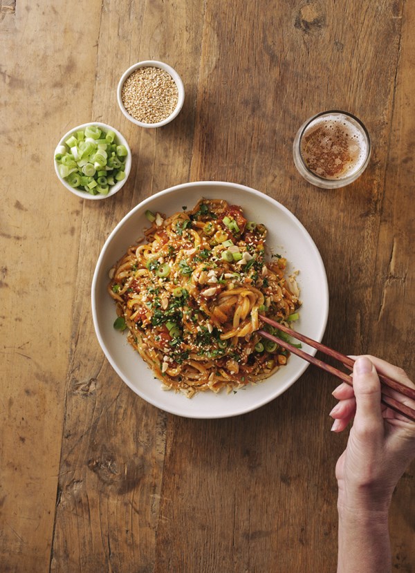 Spicy kimchi and gochujang udon noodles