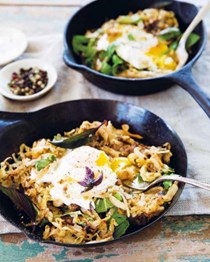 Spicy kimchi hash browns with poached eggs