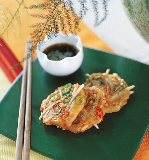 Spicy kimchi pancakes with vinegar soy dipping sauce