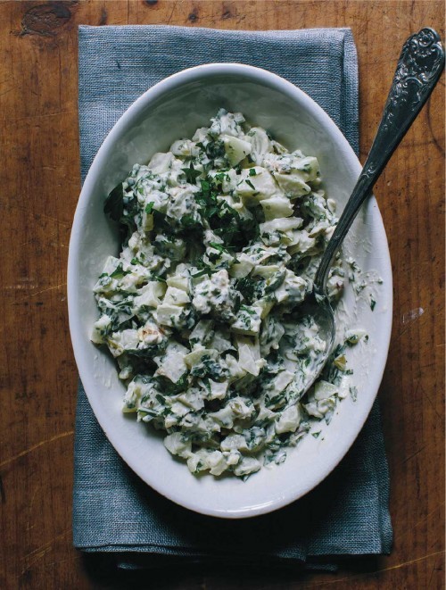 Spicy kohlrabi remoulade with tahini, yogurt & olives