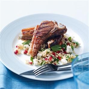 Spicy lamb chops with pomegranate, feta and mint tabouleh