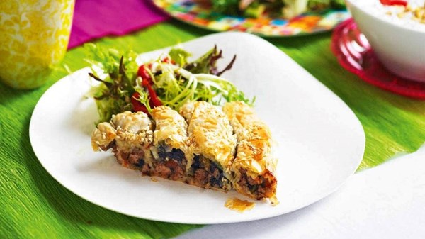 Spicy lamb filo pie with yoghurt, walnut and mint sauce