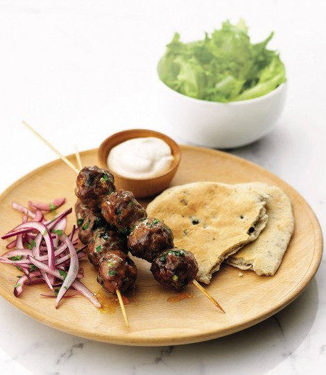 Spicy lamb kofta kebabs with houmous dressing