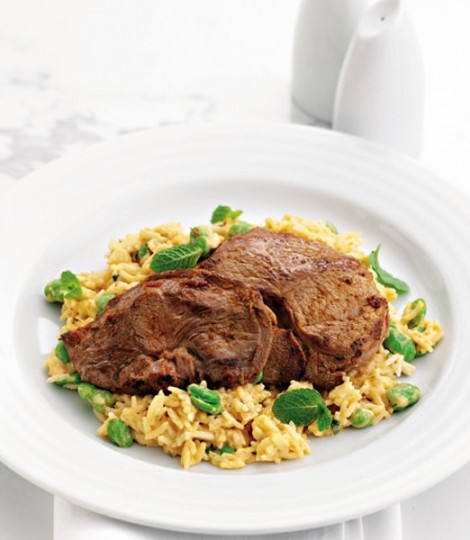 Spicy lamb steaks with coconut and broad bean rice