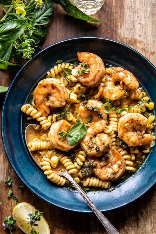 Spicy lemon butter shrimp scampi with herbed corn