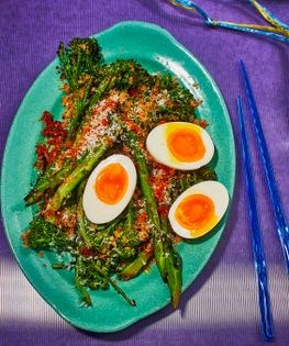 Spicy, lemony charred broccolini with jammy eggs