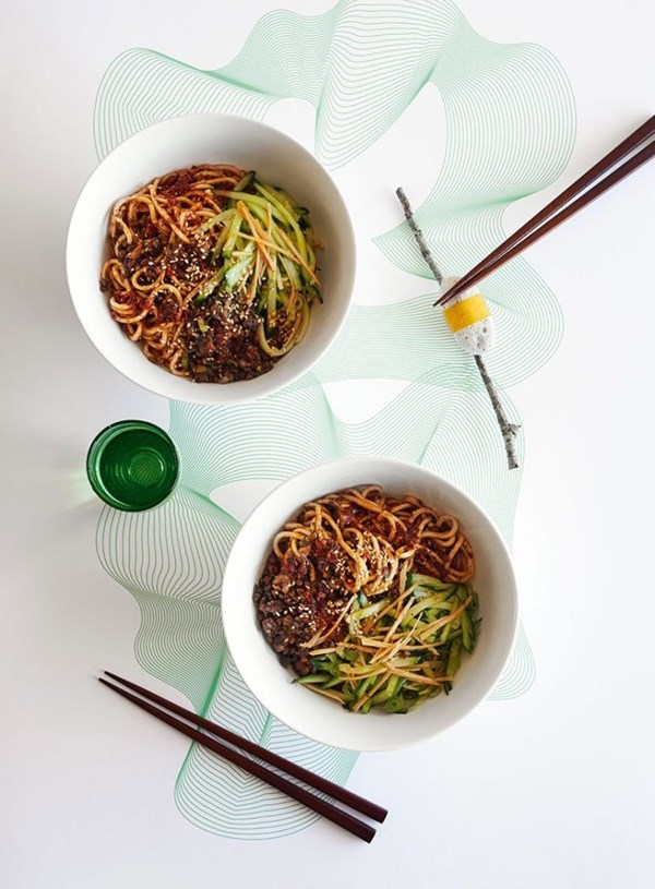 Spicy lentil noodles with ginger cucumber