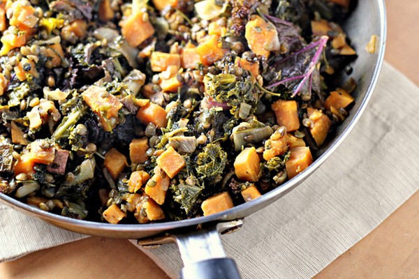 Spicy lentils with sweet potatoes and kale
