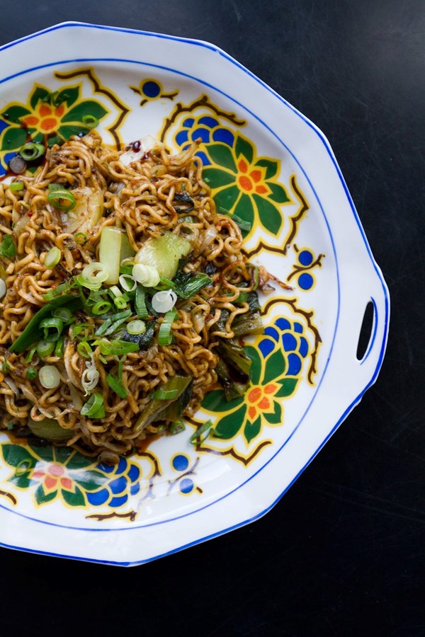 Spicy lo mein with pickled greens, bok choy and cabbage (Sho nuff noodles)