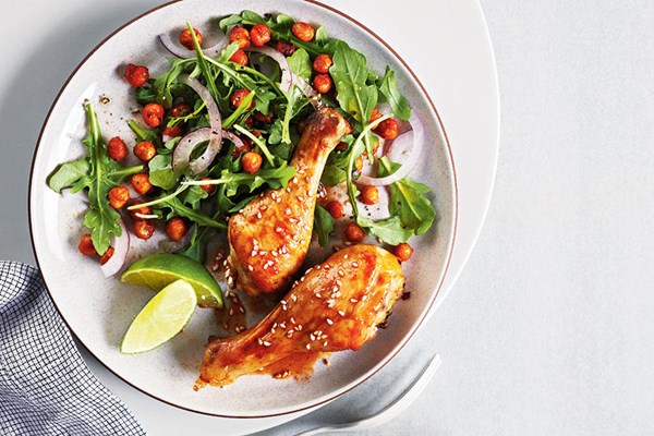 Spicy Maple Glazed Chicken Drumsticks With Crispy Chickpea Salad Recipe Eat Your Books