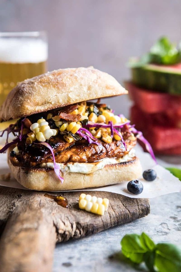 Spicy maple grilled chicken sandwich with smoky bacon corn