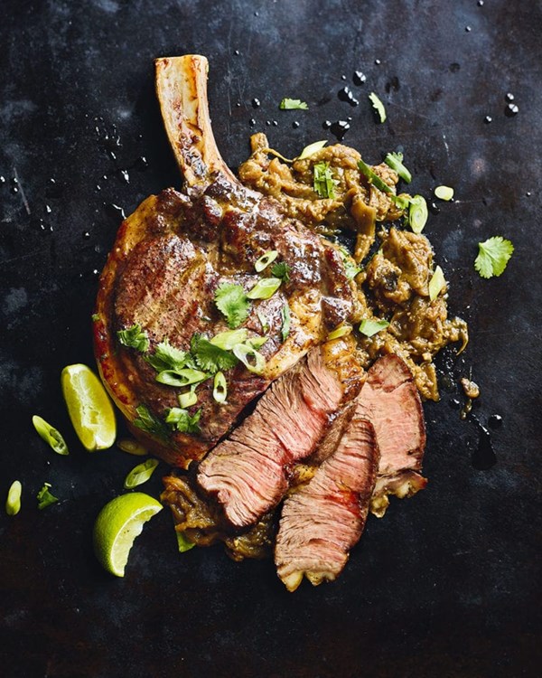 Spicy miso-charred aubergine with rib steak to share