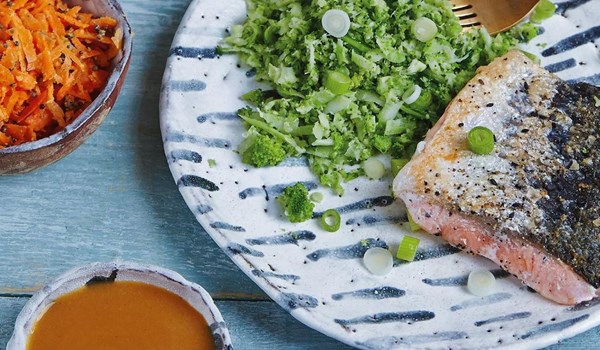 Spicy miso salmon with broccoli rice